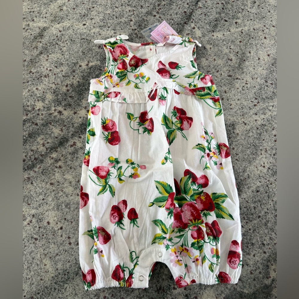 NWT April Cornell White Floral Strawberry Romper with Hat